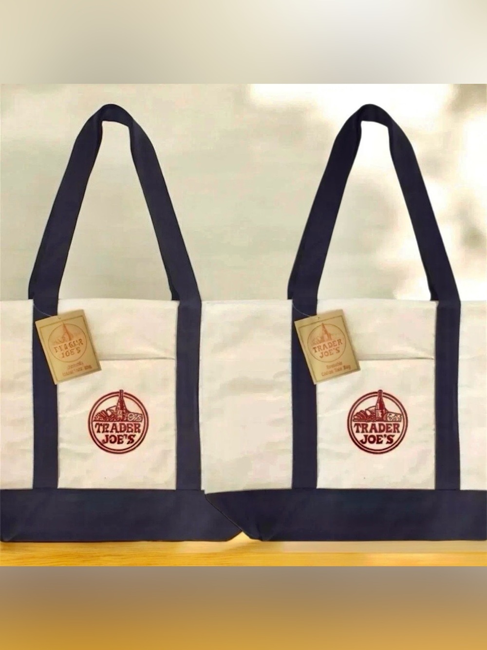 NWT Trader Joe’s Full Size Large Canvas Tote Bags Set of 2 Blue Trim Shopper